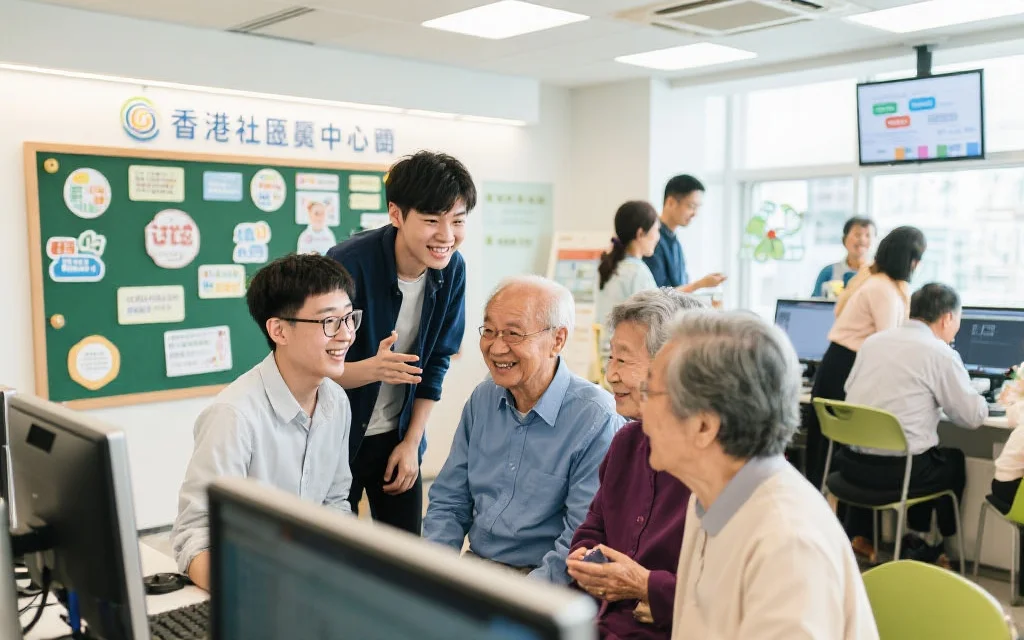 现代香港社区中心里，年轻人与长者在网络设备前热烈交流，背景有网络讨论板主题和多代市民互动