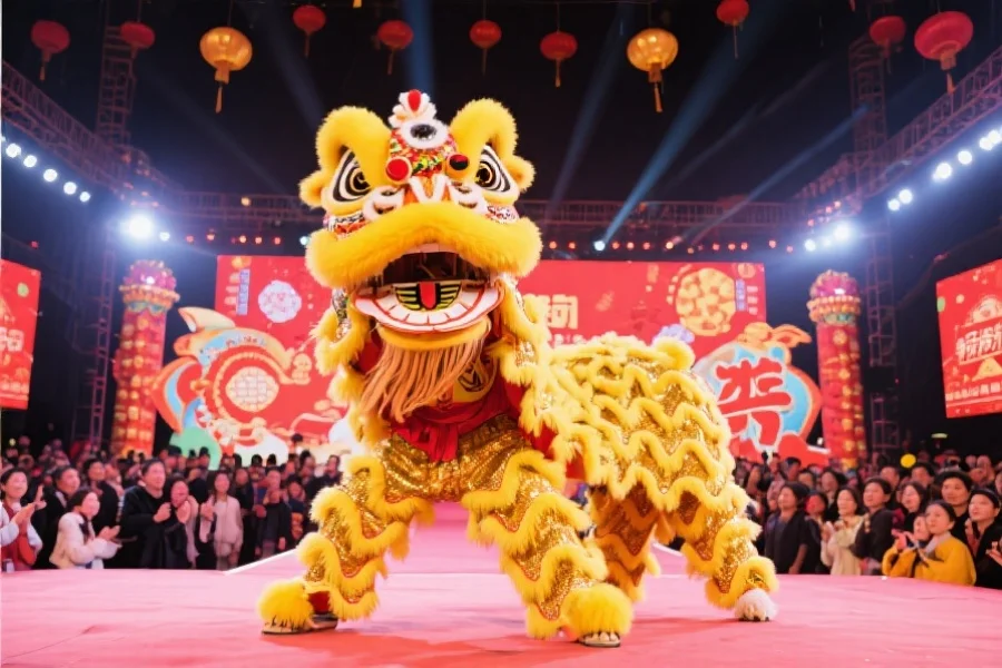 现场舞狮表演与热闹观众，背景为节日装饰和开奖舞台